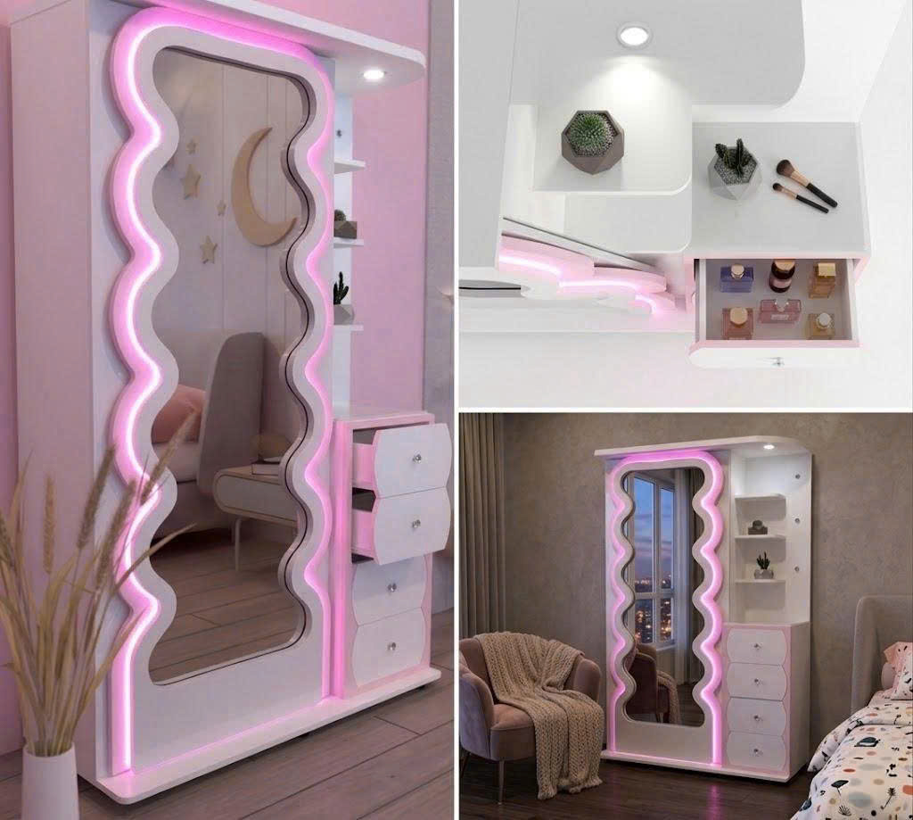 Gương decor có tủ LUMINA PinkWave sở hữu thiết kế gợn sóng độc đáo, LED hồng pastel hiện đại, tích hợp kệ và ngăn kéo tiện lợi cho phòng ngủ và góc makeup.