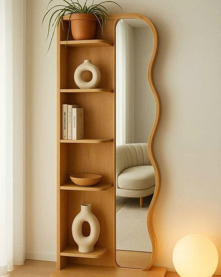 Gương Kệ Gỗ Uốn Lượn LUMINA Mộc Sóng – Giải Pháp Decor & Lưu Trữ Cho Không Gian Hiện Đại